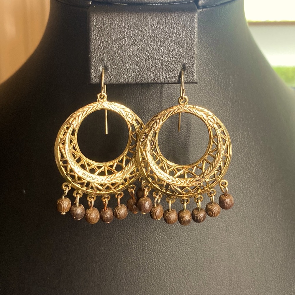 Gold Dangle Earrings with Wood Accents